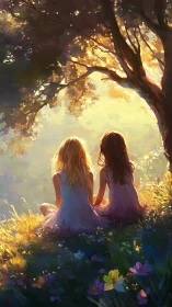 Sunlit meadow sisters under glowing summer tree at dusk.
