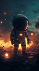 Tiny twilight astronaut wandering through emberlit stardust.