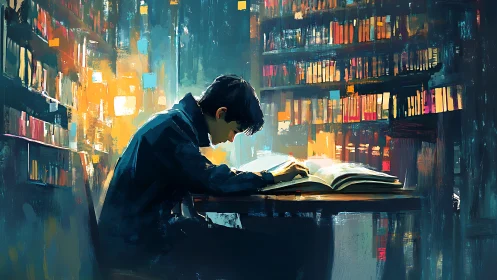 Solitary reader at desk in abstractly lit library interior.