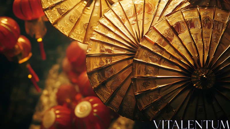 Golden parasol close-up highlights etched radial ornamentation