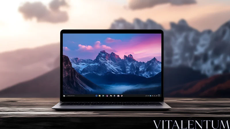 Laptop display framing alpine skyline in balanced bokeh scene.