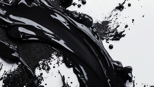 High-gloss black paint stream slices across stark white ground