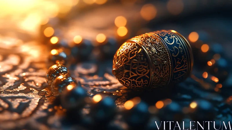 Ornate Ramadan lantern egg with prayer beads in bokeh glow.