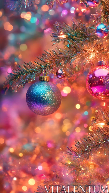 Cozy holiday tree lights and ornaments in dreamy color glow.