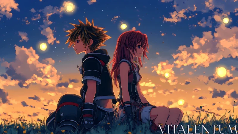 Backlit anime duo seated against volumetric sunset skyfield