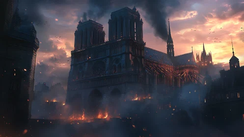 Gothic cathedral engulfed in urban fire under dramatic dusk sky