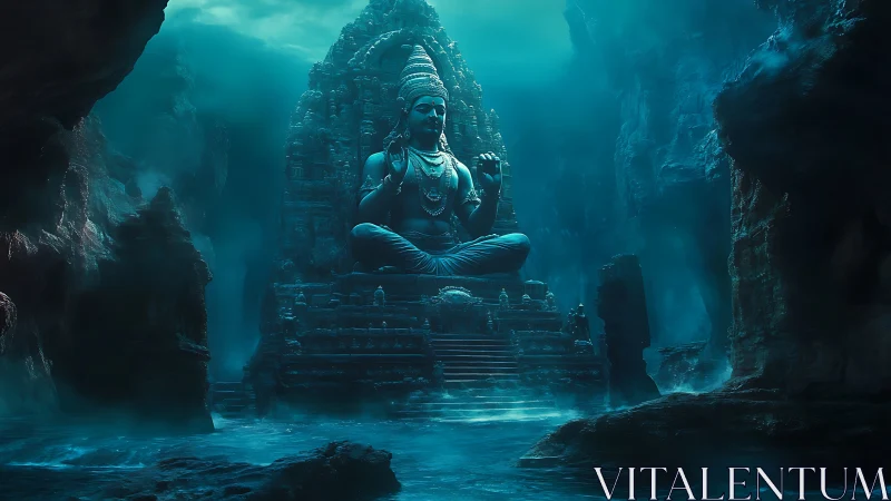 Silent blue temple god rests beneath timeless ocean light.