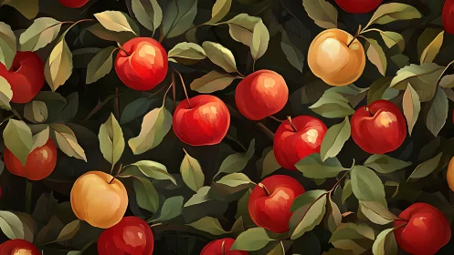 Orchard constellation of painted apples in leafy twilight.