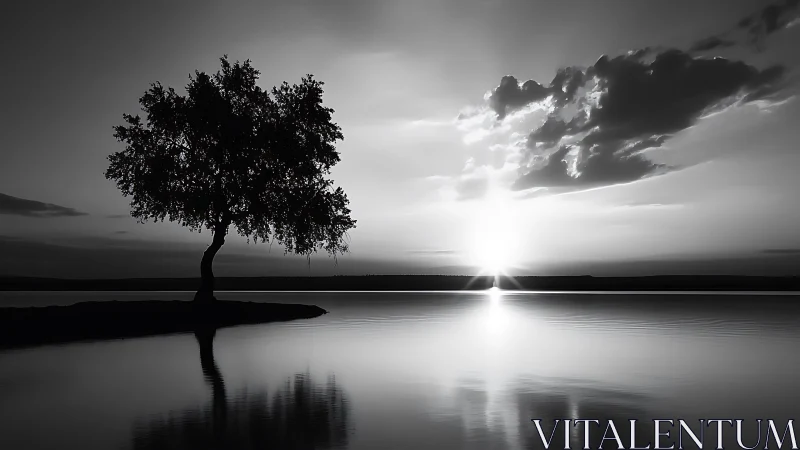 Solitary lakeside tree against calm monochrome sunset sky.