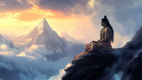 Figure in seated pose on cliff above clouded mountain range.