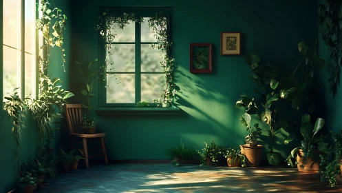 Sunlit jungle quietly colonizes a deep green city corner