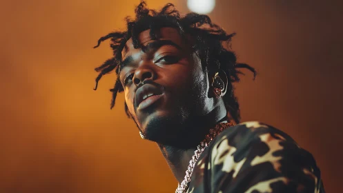 Photorealistic low-angle concert portrait with warm bokeh lighting.