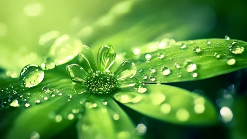 Green flower macro glows under dew lit morning light.