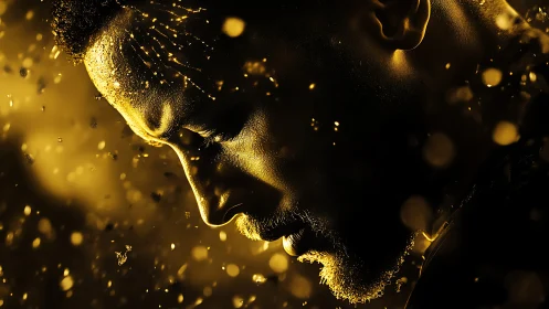 Intense golden portrait of man in drifting glowing particles.
