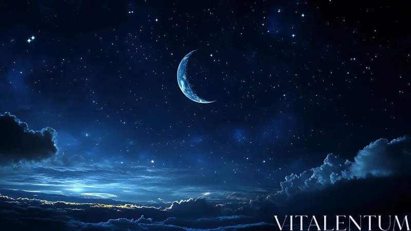 Crescent moon glows above deep blue clouds in a tranquil sky