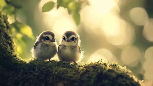 Two Fluffy Baby Birds on Mossy Branch in Soft Sunlight, Nature Photography.