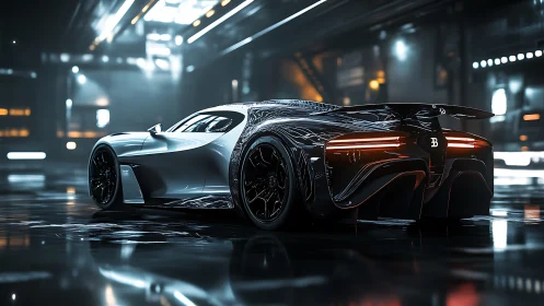Futuristic hypercar reflects neon hangar light with sculpted lines.