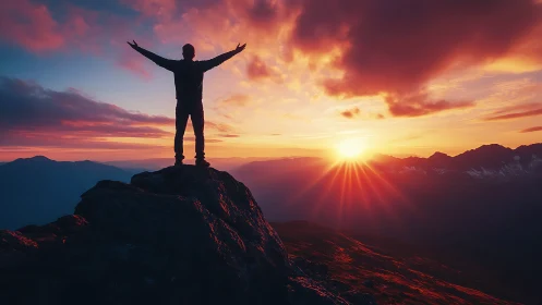 Silhouette stands on mountain peak embracing vivid sunrise sky