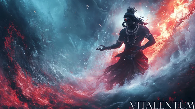 Divine warrior commanding fire and oceanic storm energies.