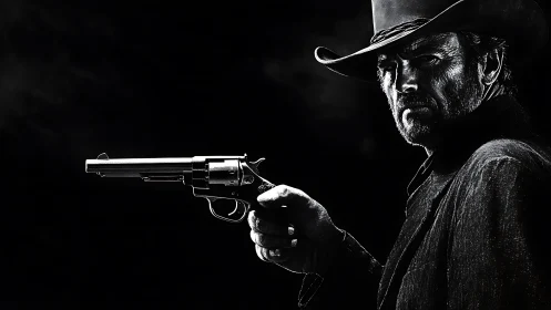 High contrast cowboy gunslinger with revolver in profile
