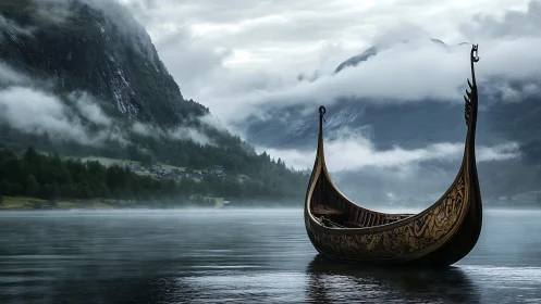 Viking longship drifts across misted Nordic fjord waters.