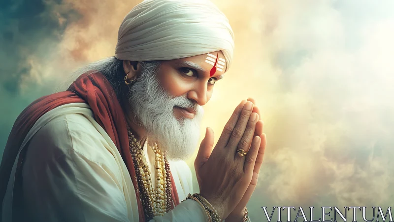 Spiritual guru greets viewer in luminous cloudlit aura.