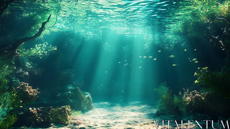 Sunlit shallow underwater cove with sand, fish and plants.