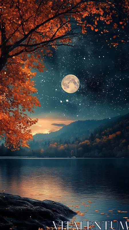 Calm autumn lake under full moon and starry night sky.