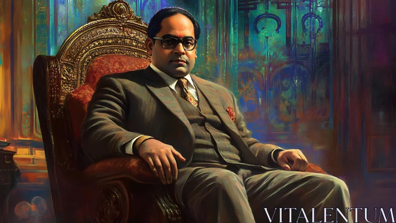 Regal statesman seated in ornate chair, luminous interior backdrop.