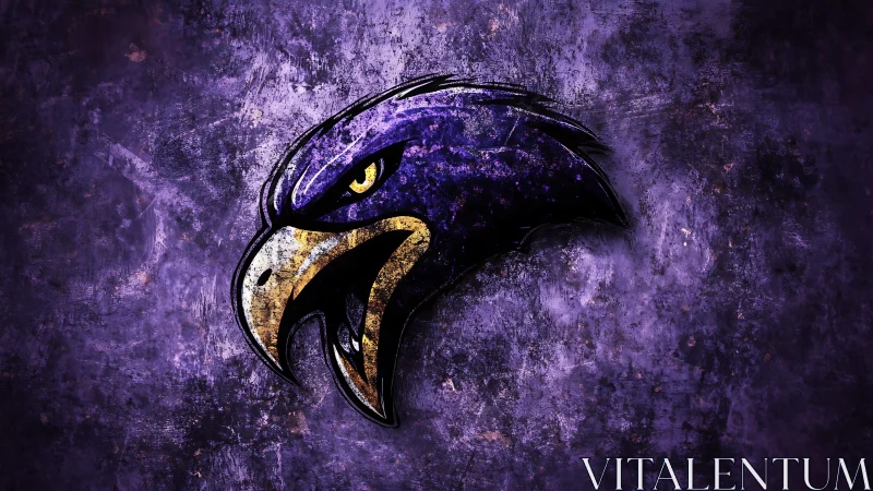 Raven mascot emblem on distressed purple grunge field.