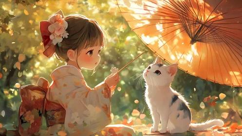 Young girl in kimono observes white cat under paper umbrella