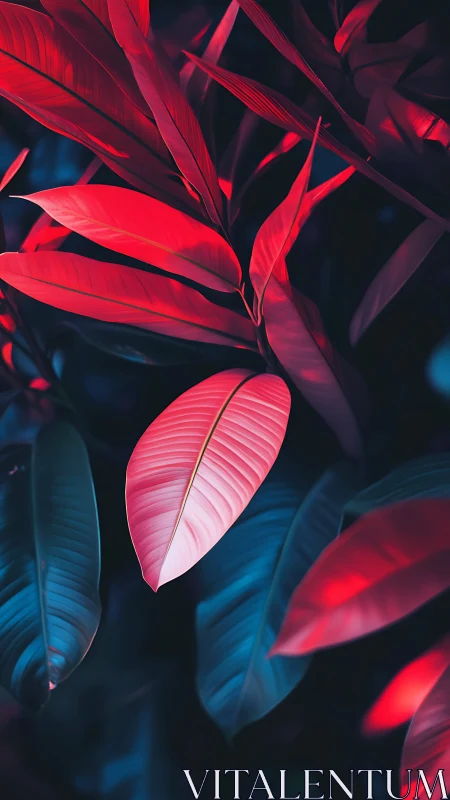 Neon red foliage glows over deep blue jungle background