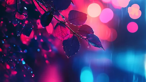 Neon backlit leaves in rain with bokeh city lights palette.