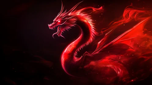 Red serpentine dragon in dark environment with energy glow.