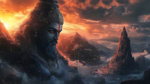 Mythic blue deity watches over fiery mountains at dusk