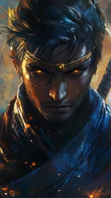 Portrait shows robed male figure with glowing eyes and headband