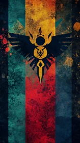 Stylized winged emblem on textured tricolor background.