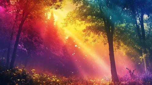 Vibrant Fantasy Forest with Sunbeams and Colorful Light Effects.