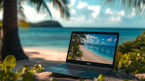 Laptop on tropical beach shows matching shoreline scene