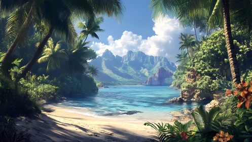 Tropical Paradise Bay Framed by Verdant Palms and Mountains.