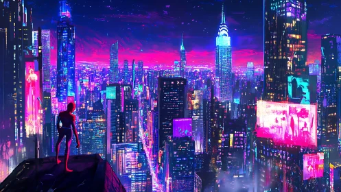 Silhouetted figure observes neon futuristic city skyline at dusk