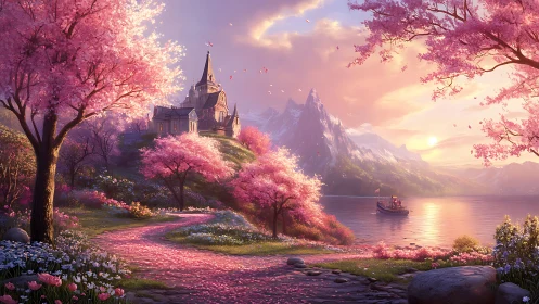 Fantasy lakeside chapel under cherry blossom sunset.