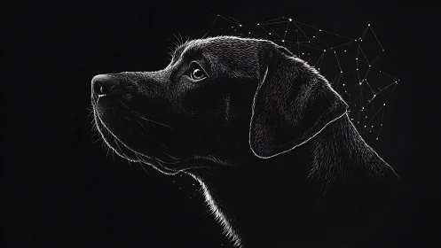 Glimmering outline of a thoughtful dog gazing into darkness