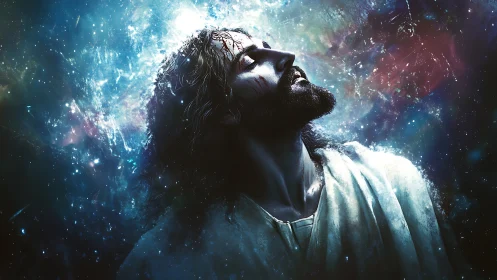 Radiant spiritual figure bathed in cosmic starlit glow.