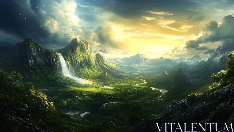 Golden dawn pours over emerald mountains and wild valley