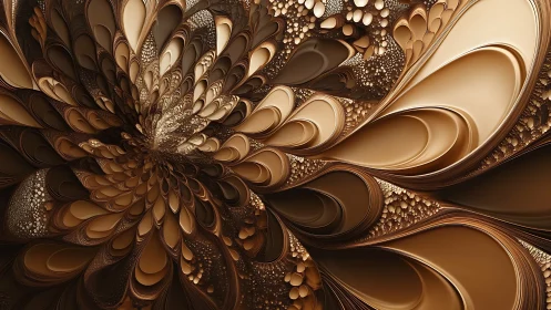 Parametric fractal petals form layered metallic vortex in warm browns