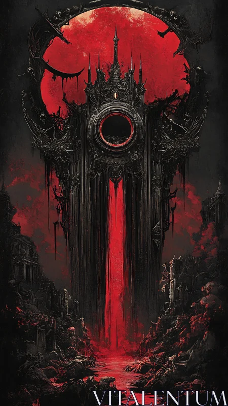Gothic monolith channeling vertical bloodfall before eclipsed red moon