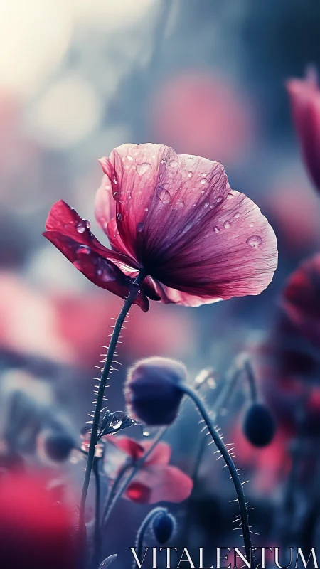 Gossamer Petals Weep: Poppy's Dewy Solitude Under Hazy Light.