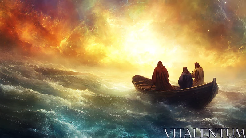 Storm lit pilgrims drift toward a blazing horizon of fire