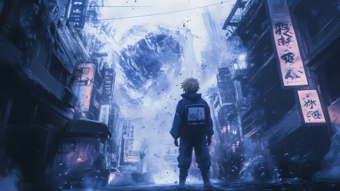 Lone wanderer confronts swirling portal above neon city street